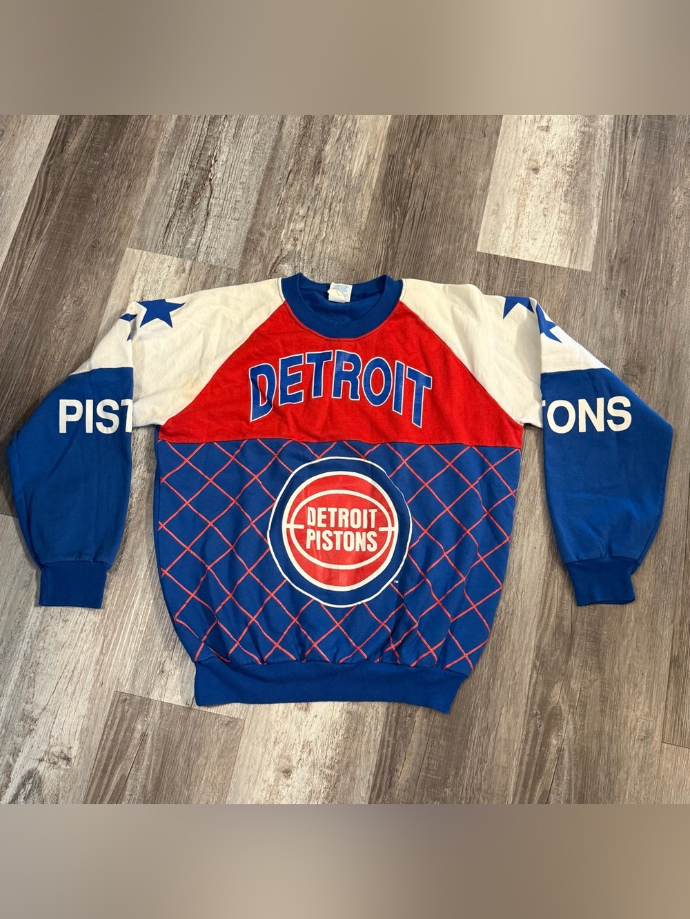 Detroit Pistons VTG 1990s Sweatshirt by Garan Grid Pattern Graphic NBA Rare Sz L